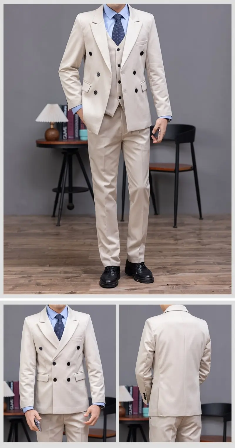 Double-Breasted Three-Piece Casual Suit for Men for Parties and Weddings, Light and Mature Solid-Colored Korean-Style Outfit
