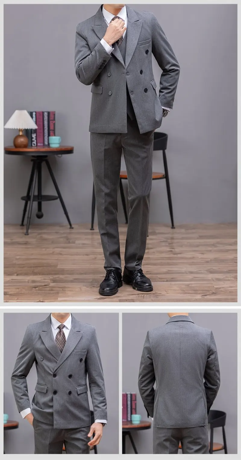 Double-Breasted Three-Piece Casual Suit for Men for Parties and Weddings, Light and Mature Solid-Colored Korean-Style Outfit