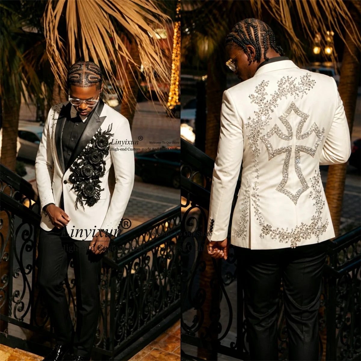 Fashion 3D Floars Men Suits Customized Sparkly Diamond Crystals Party Male Blazer 2 Pieces Set Wedding Tuxedos Slim ropa hombre