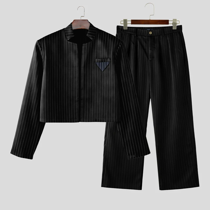 INCERUN Men Sets Striped Long Sleeve Open Stitch Crop Blazer & Pants Two Pieces Sets Streetwear Elegant Fashion Men Casual Suits
