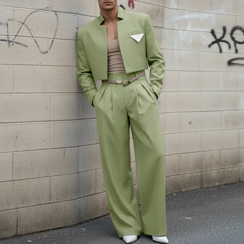 INCERUN Men Sets Striped Long Sleeve Open Stitch Crop Blazer & Pants Two Pieces Sets Streetwear Elegant Fashion Men Casual Suits