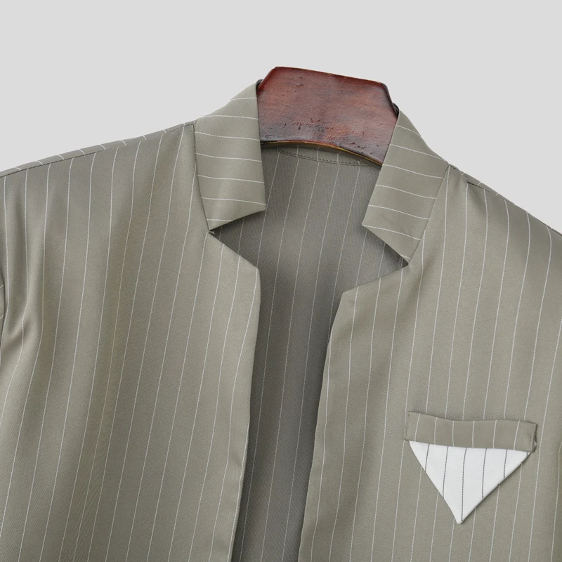 INCERUN Men Sets Striped Long Sleeve Open Stitch Crop Blazer & Pants Two Pieces Sets Streetwear Elegant Fashion Men Casual Suits