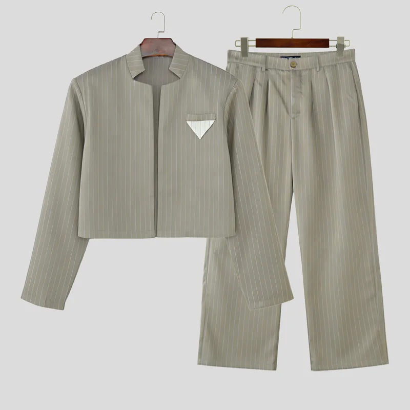 INCERUN Men Sets Striped Long Sleeve Open Stitch Crop Blazer & Pants Two Pieces Sets Streetwear Elegant Fashion Men Casual Suits