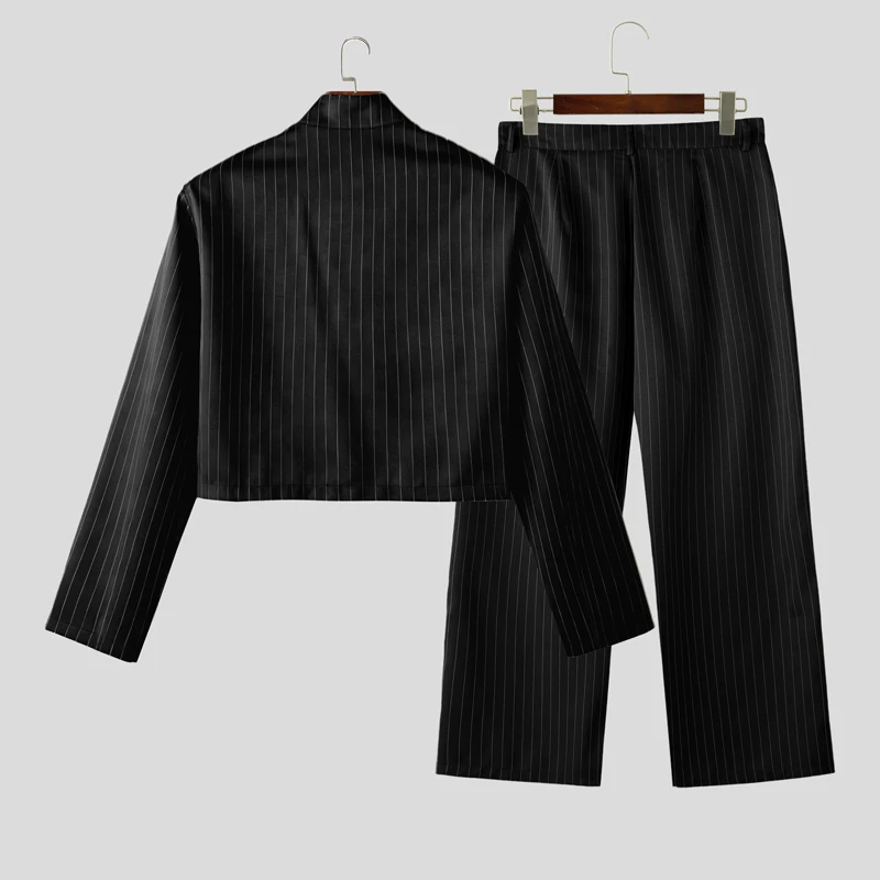INCERUN Men Sets Striped Long Sleeve Open Stitch Crop Blazer & Pants Two Pieces Sets Streetwear Elegant Fashion Men Casual Suits