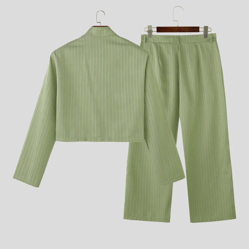 INCERUN Men Sets Striped Long Sleeve Open Stitch Crop Blazer & Pants Two Pieces Sets Streetwear Elegant Fashion Men Casual Suits