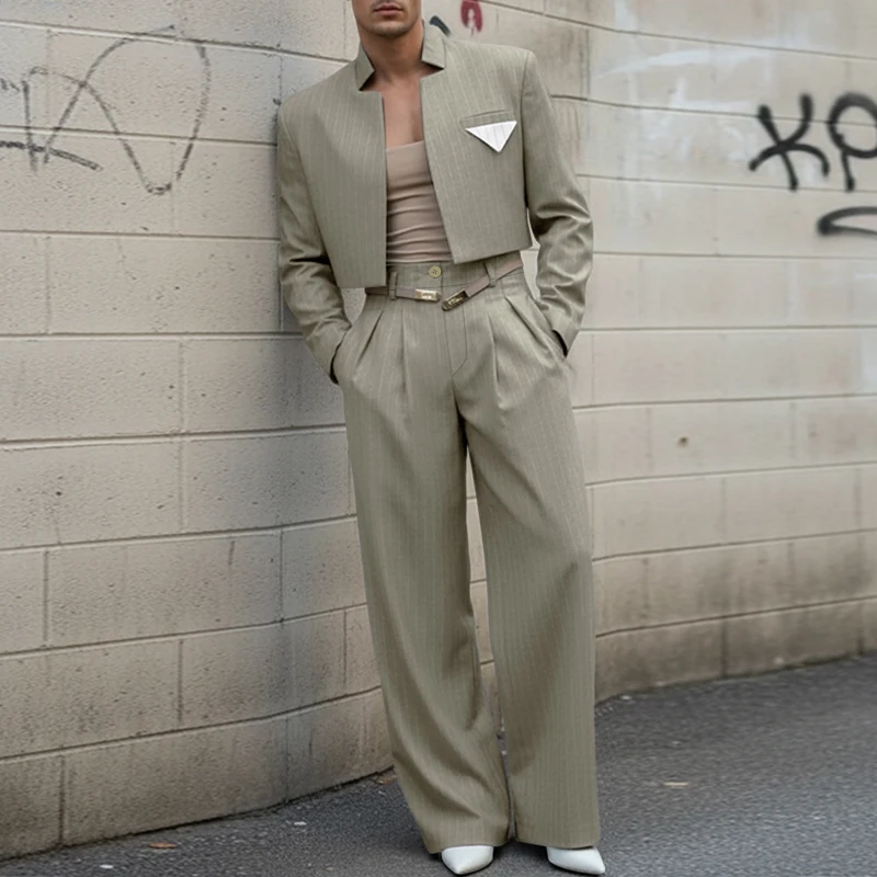 INCERUN Men Sets Striped Long Sleeve Open Stitch Crop Blazer & Pants Two Pieces Sets Streetwear Elegant Fashion Men Casual Suits