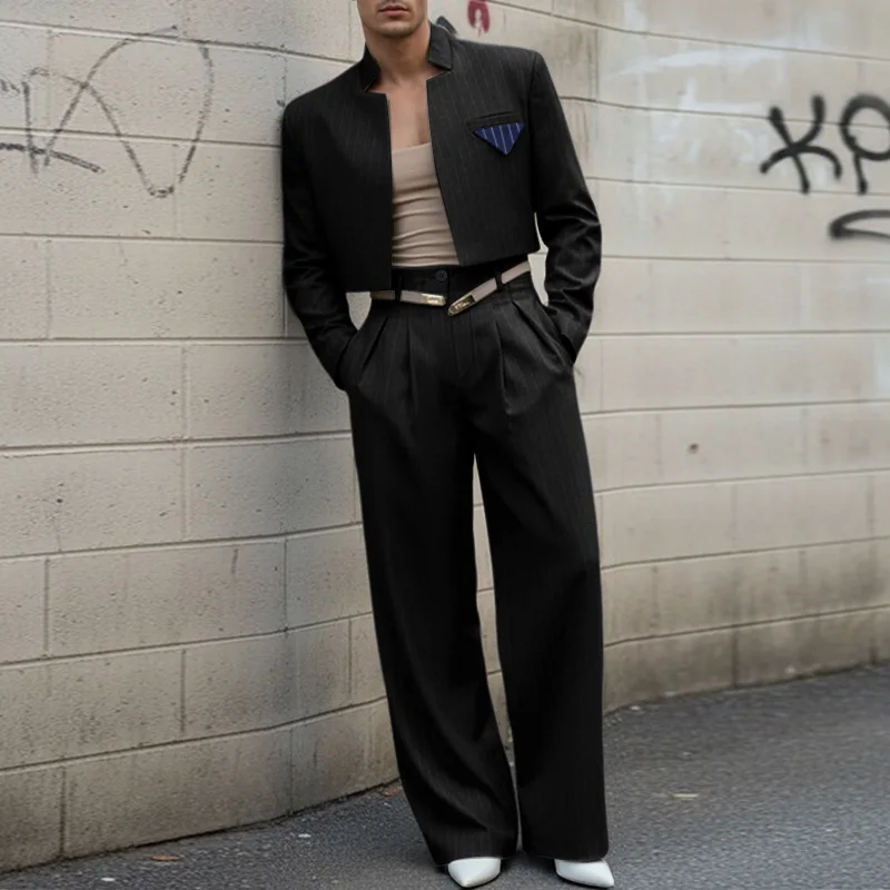 INCERUN Men Sets Striped Long Sleeve Open Stitch Crop Blazer & Pants Two Pieces Sets Streetwear Elegant Fashion Men Casual Suits