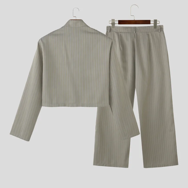 INCERUN Men Sets Striped Long Sleeve Open Stitch Crop Blazer & Pants Two Pieces Sets Streetwear Elegant Fashion Men Casual Suits