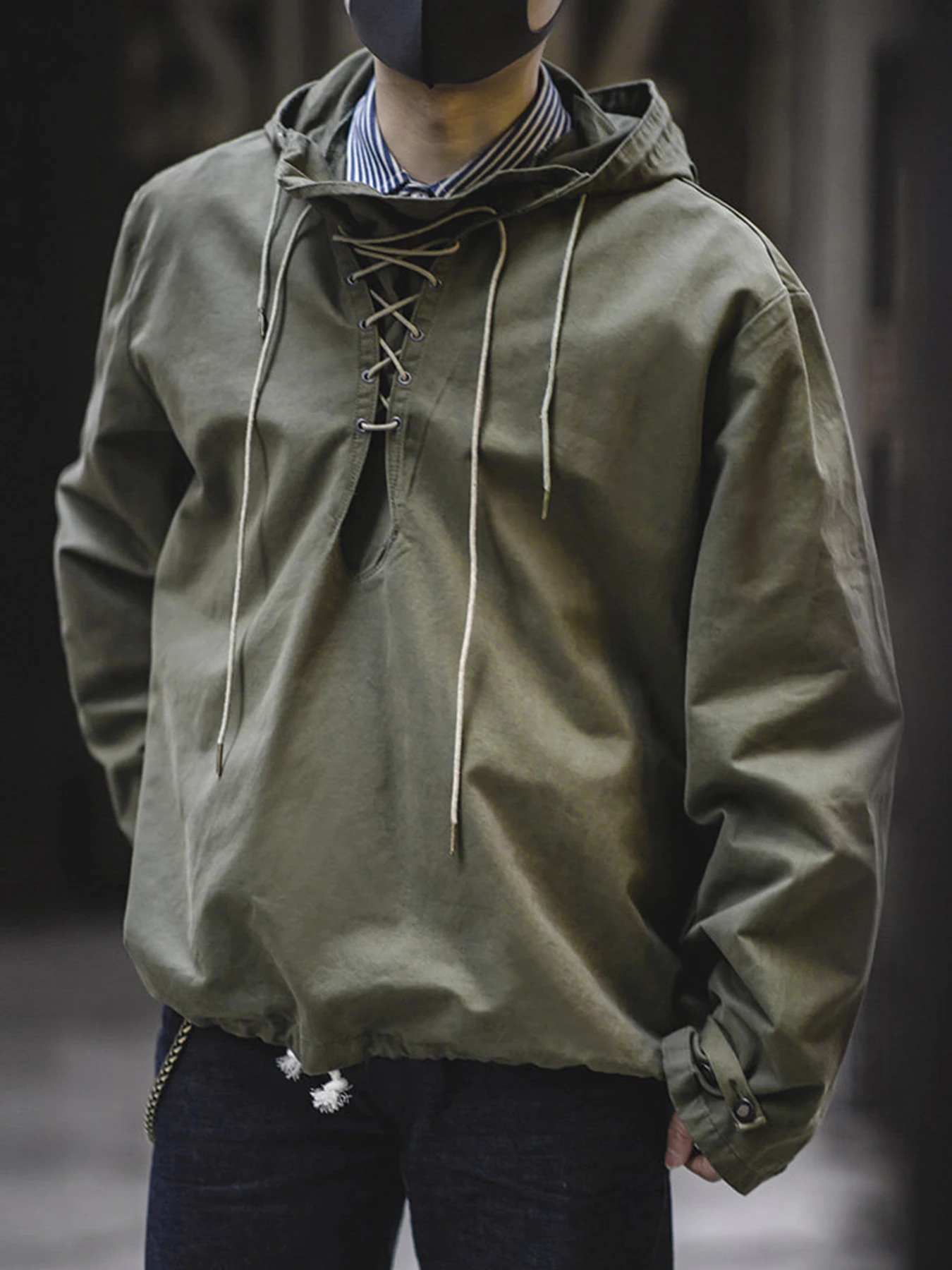 USN Wet Weather Deck Parka, Men's Military Lace Up Pullover, Retro Casual Loose Fit Hoodie Top for Streetwear, 100% Cotton