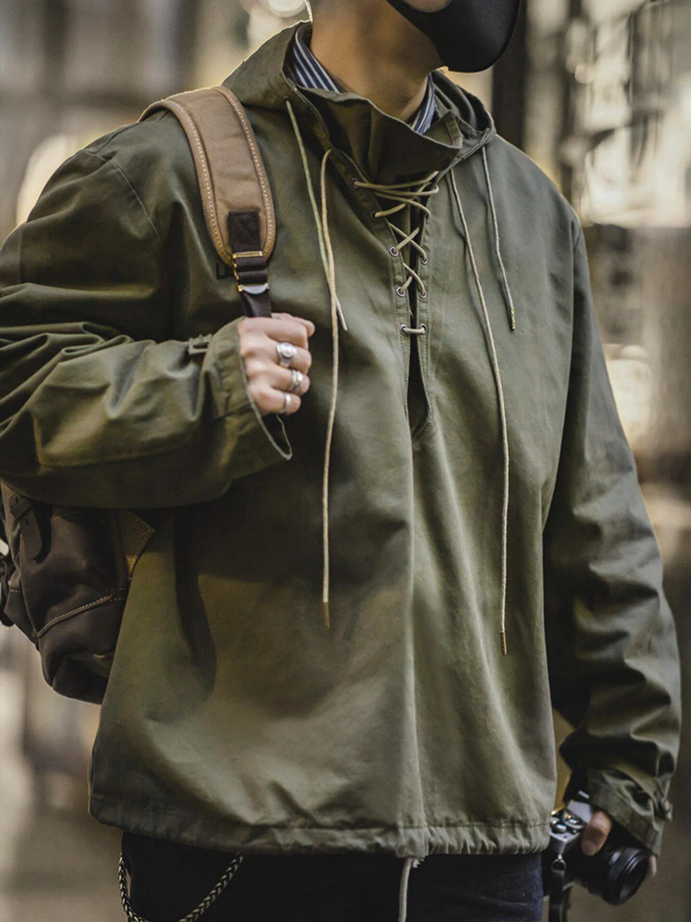 USN Wet Weather Deck Parka, Men's Military Lace Up Pullover, Retro Casual Loose Fit Hoodie Top for Streetwear, 100% Cotton