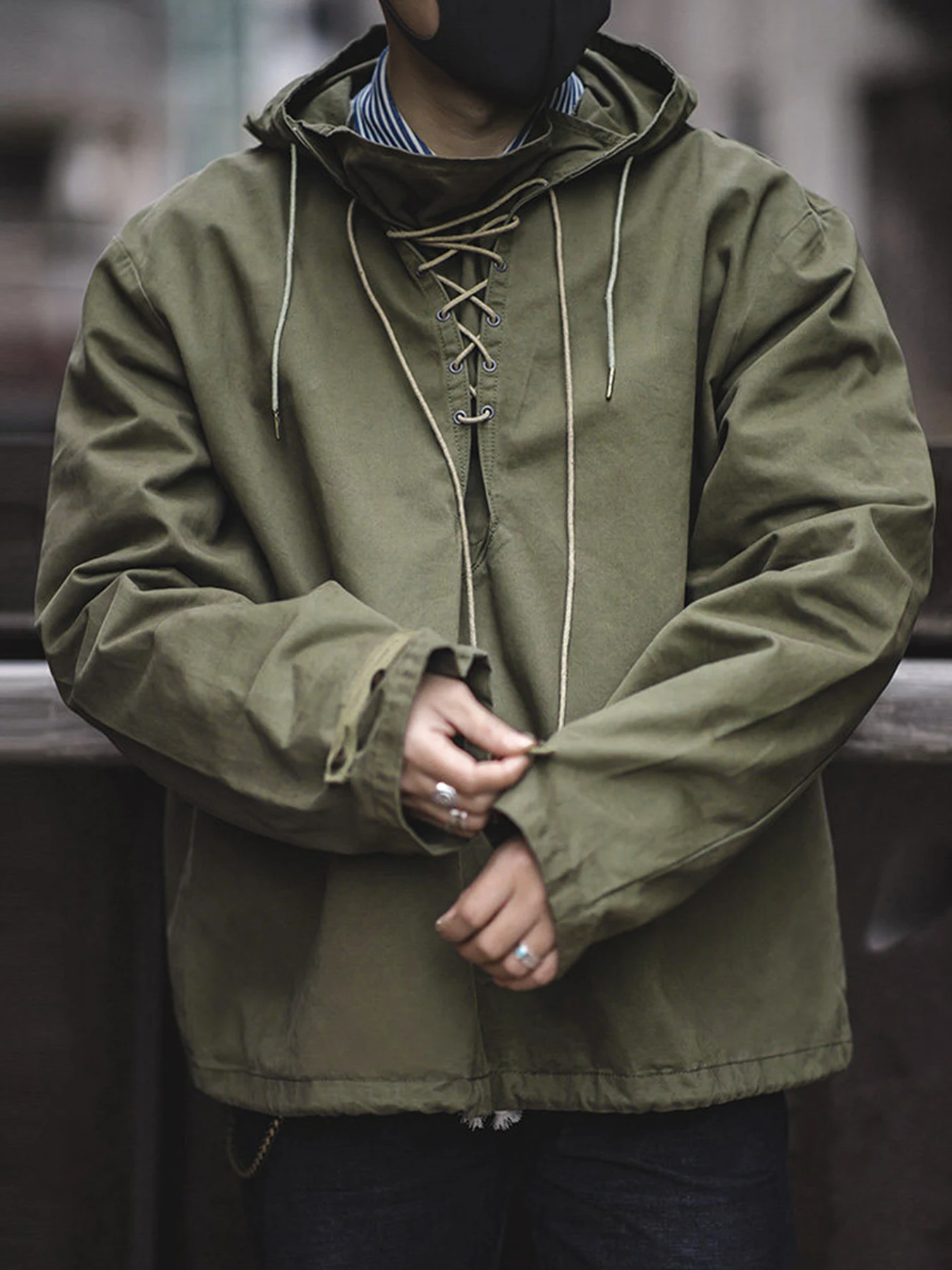USN Wet Weather Deck Parka, Men's Military Lace Up Pullover, Retro Casual Loose Fit Hoodie Top for Streetwear, 100% Cotton
