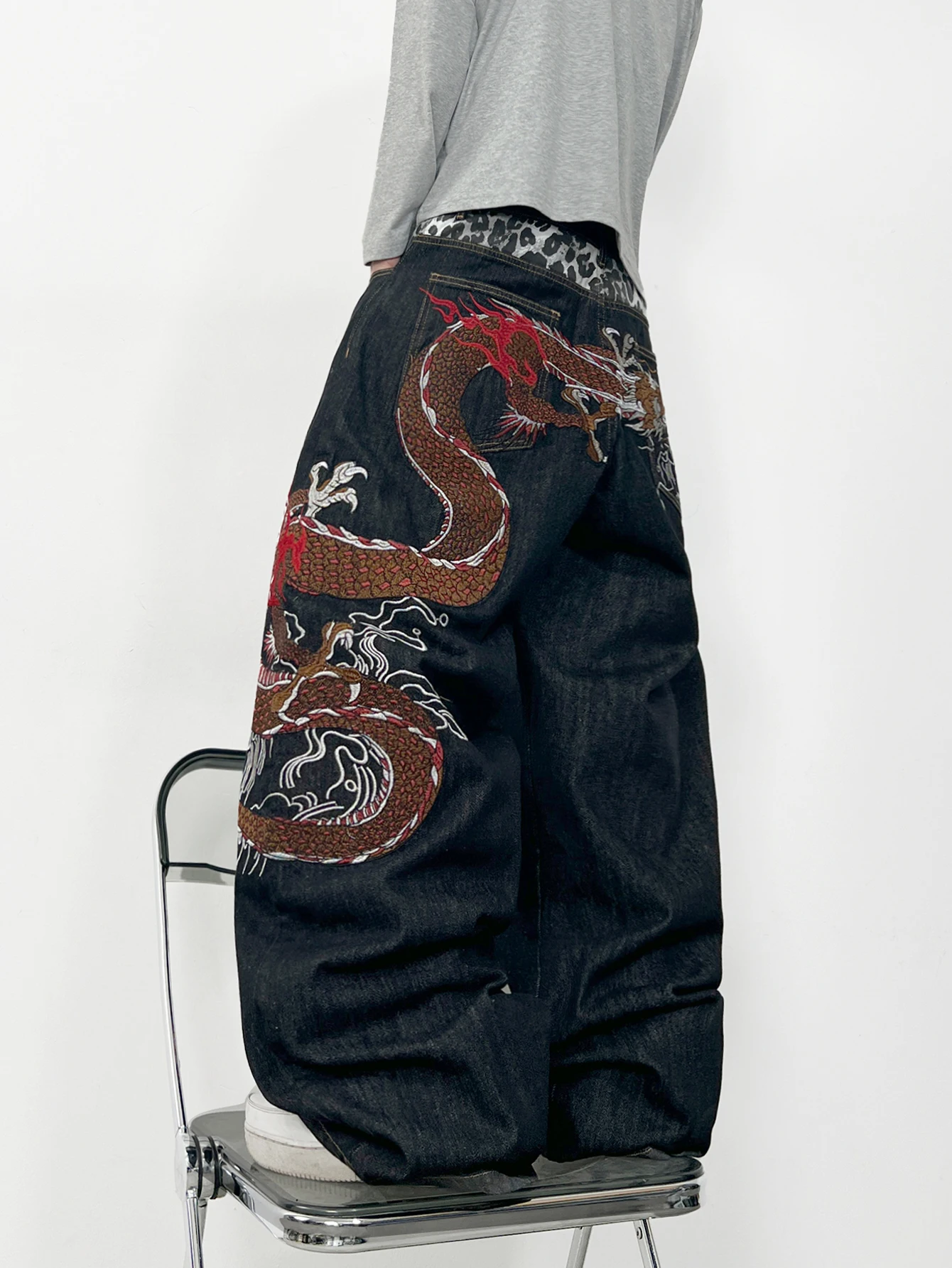 American Retro Dragon Embroidery Design Black Men's Loose Jeans Y2K Street Hip-Hop Trendy Versatile Wide-Leg Pants