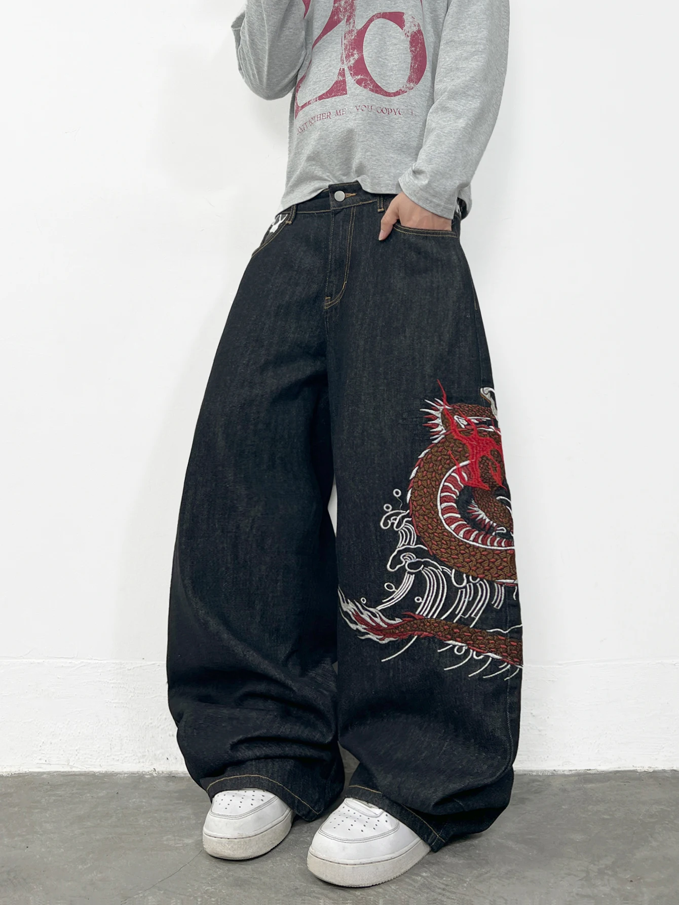 American Retro Dragon Embroidery Design Black Men's Loose Jeans Y2K Street Hip-Hop Trendy Versatile Wide-Leg Pants