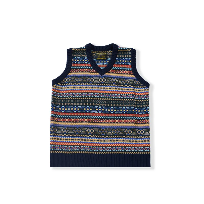 OKONKWO British retro Fair Isle pattern bottoming vest wool blend V-neck wool vest for men and women