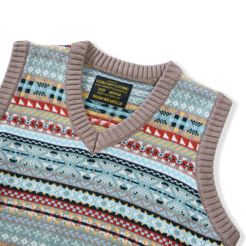 OKONKWO British retro Fair Isle pattern bottoming vest wool blend V-neck wool vest for men and women