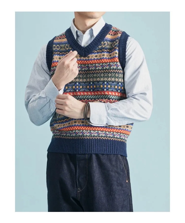 OKONKWO British retro Fair Isle pattern bottoming vest wool blend V-neck wool vest for men and women