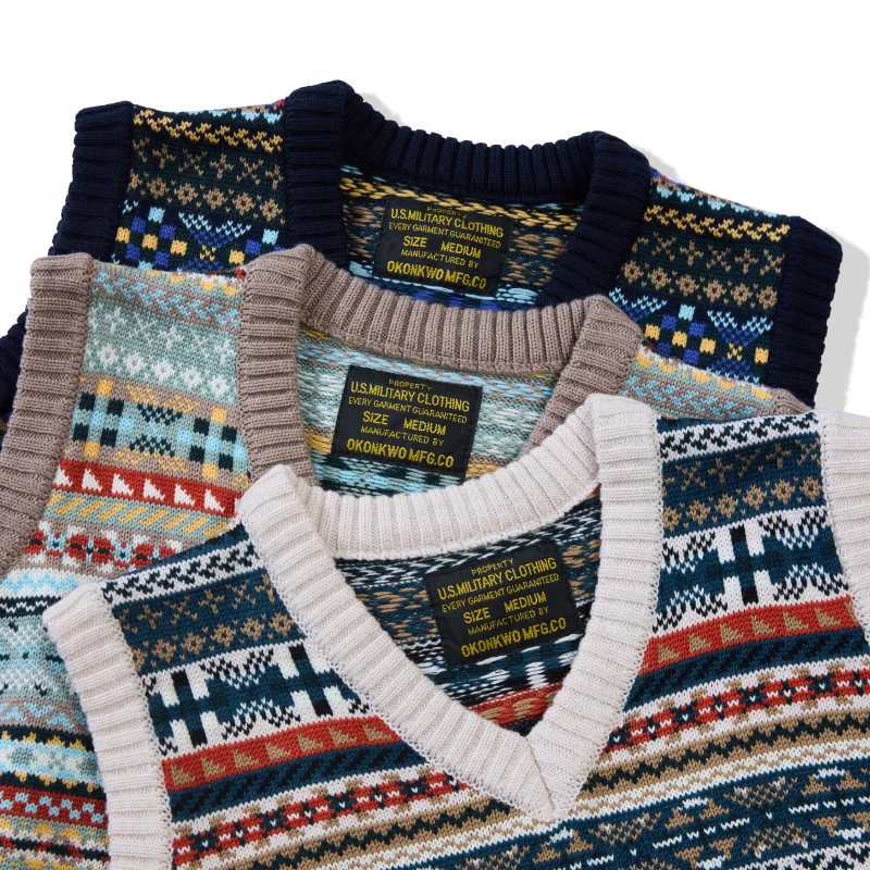 OKONKWO British retro Fair Isle pattern bottoming vest wool blend V-neck wool vest for men and women