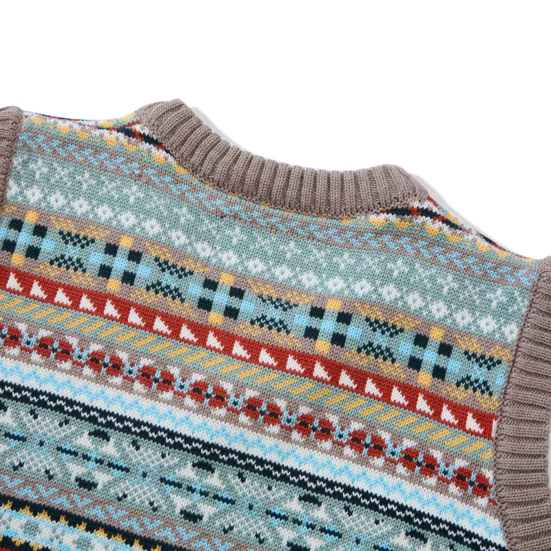 OKONKWO British retro Fair Isle pattern bottoming vest wool blend V-neck wool vest for men and women