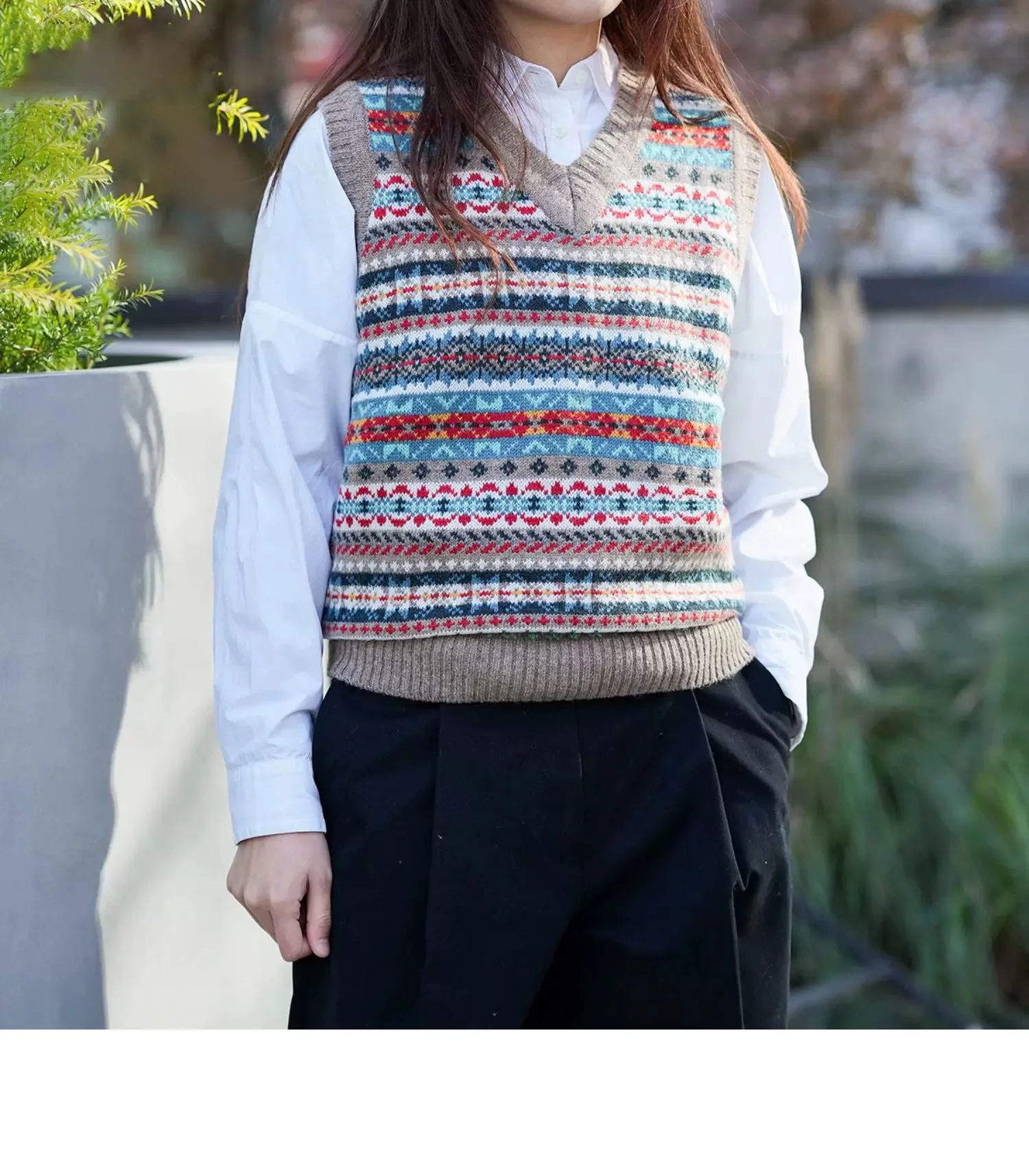 OKONKWO British retro Fair Isle pattern bottoming vest wool blend V-neck wool vest for men and women
