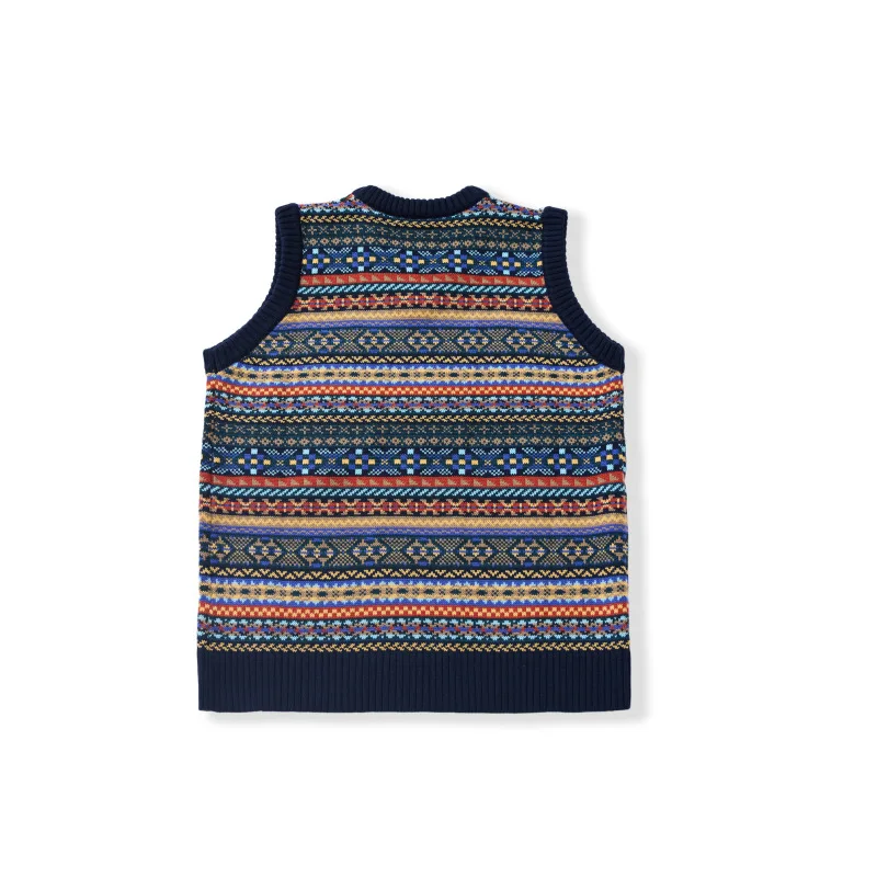 OKONKWO British retro Fair Isle pattern bottoming vest wool blend V-neck wool vest for men and women
