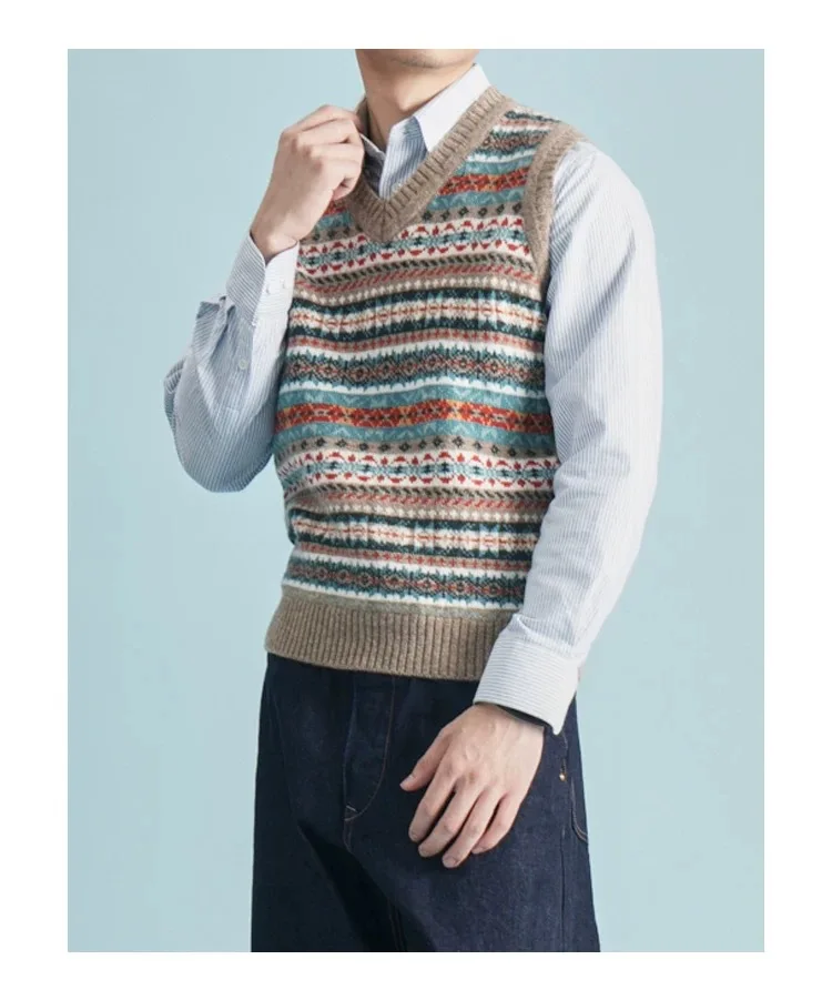 OKONKWO British retro Fair Isle pattern bottoming vest wool blend V-neck wool vest for men and women