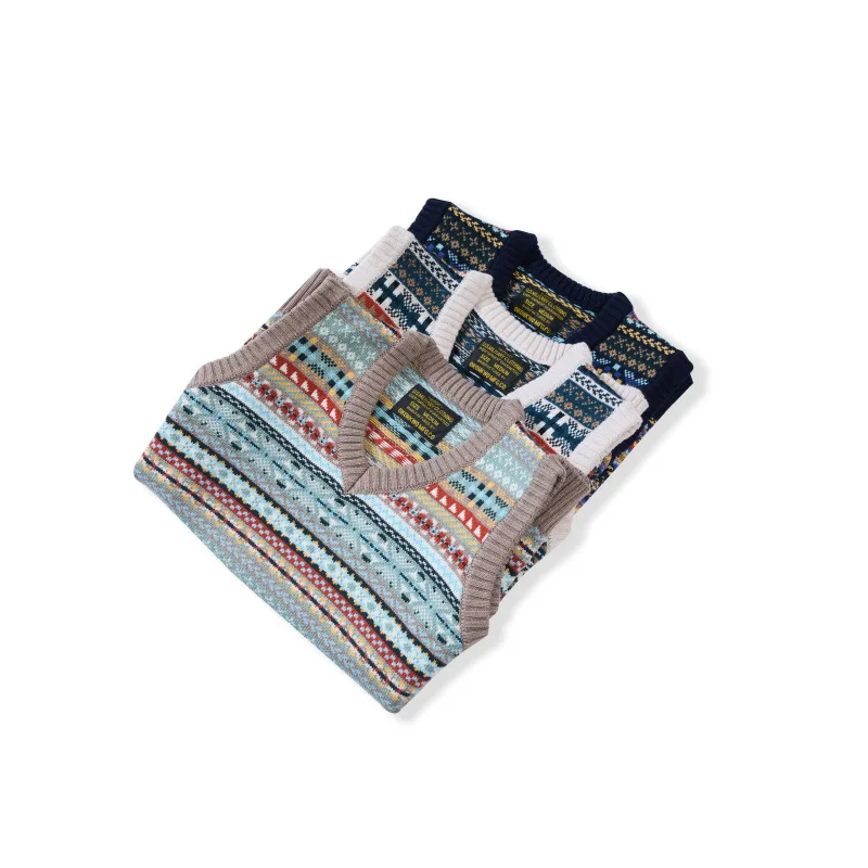 OKONKWO British retro Fair Isle pattern bottoming vest wool blend V-neck wool vest for men and women