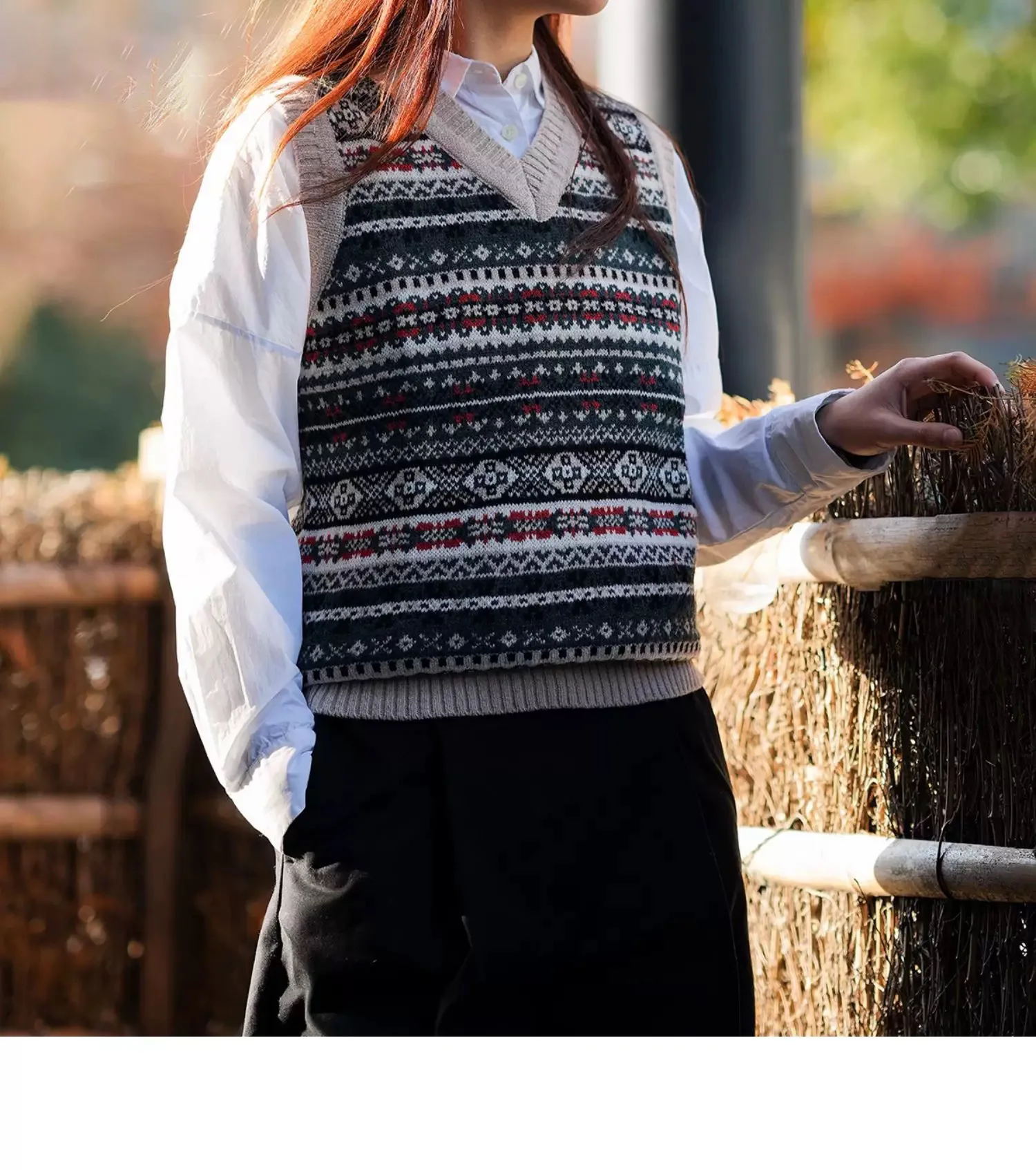OKONKWO British retro Fair Isle pattern bottoming vest wool blend V-neck wool vest for men and women