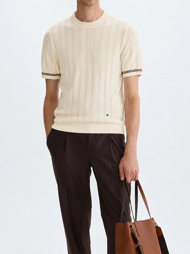 PG Men's Vertical Stripes Knit T-Shirt - Summer Round Neck Short Sleeve Shirt - Casual Fit Knit Pullover Shirt
