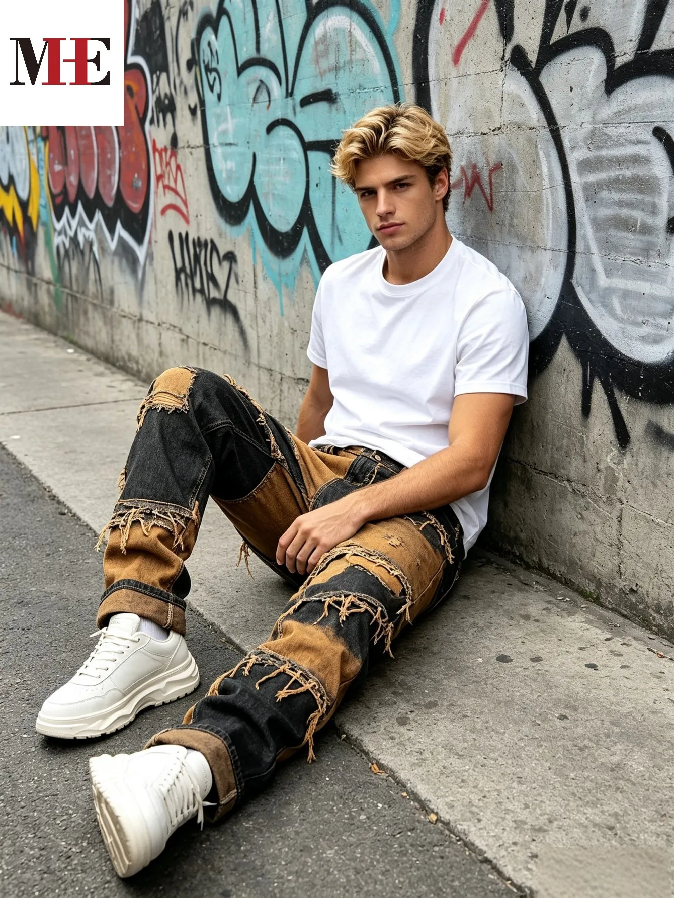 【HME】Men's Jeans | Straight‑Fit Deconstructed Denim Pants, vintage Mud‑Wash Two‑Color Spliced Denim Trousers, Exposed Frayed Tassel Seams, Classic Five‑Pocket Construction, Durable Fabric Fashion Men Casual Pants