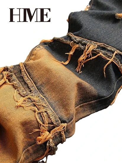 【HME】Men's Jeans | Straight‑Fit Deconstructed Denim Pants, vintage Mud‑Wash Two‑Color Spliced Denim Trousers, Exposed Frayed Tassel Seams, Classic Five‑Pocket Construction, Durable Fabric Fashion Men Casual Pants