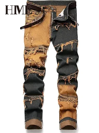 【HME】Men's Jeans | Straight‑Fit Deconstructed Denim Pants, vintage Mud‑Wash Two‑Color Spliced Denim Trousers, Exposed Frayed Tassel Seams, Classic Five‑Pocket Construction, Durable Fabric Fashion Men Casual Pants