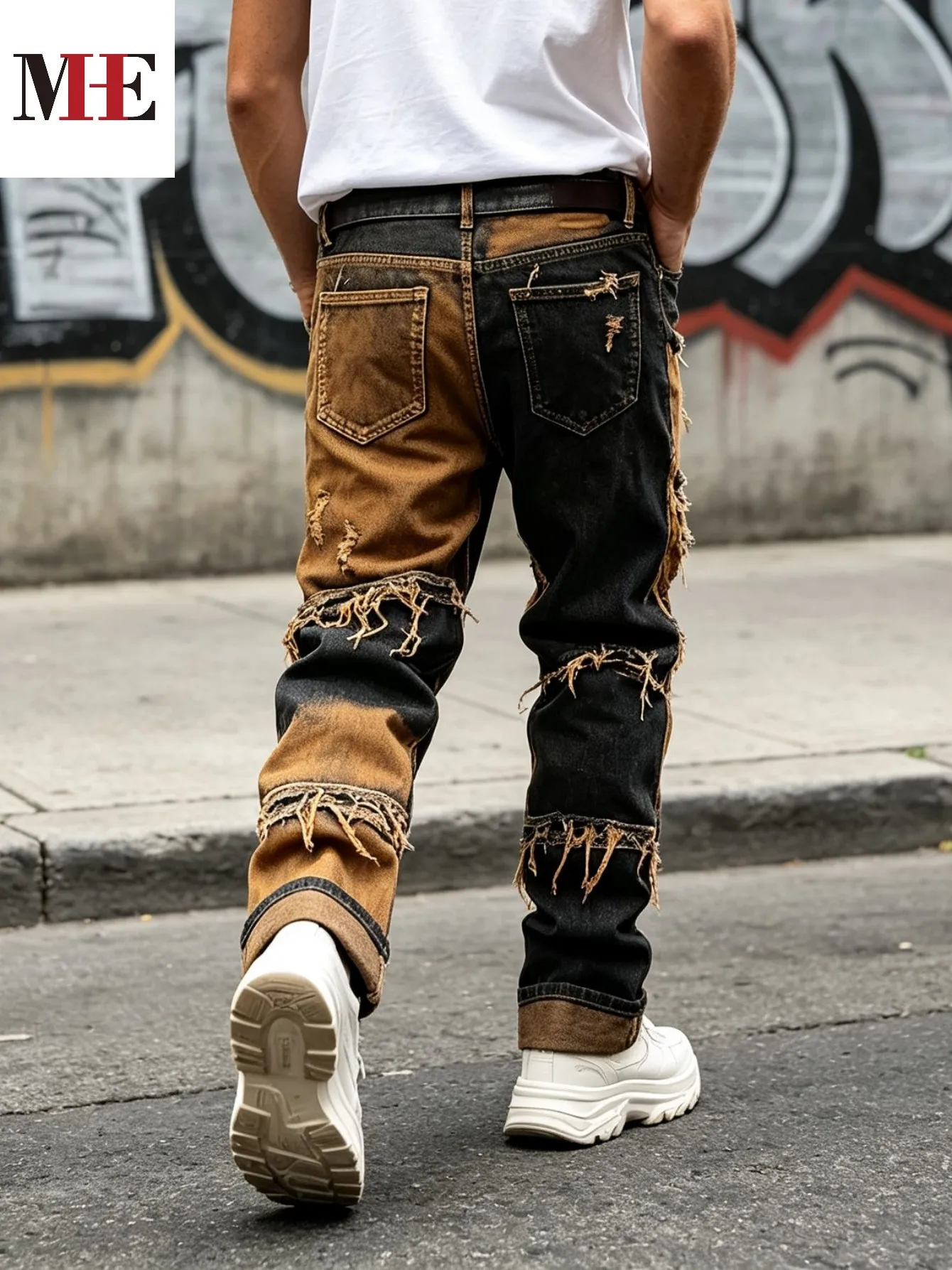 【HME】Men's Jeans | Straight‑Fit Deconstructed Denim Pants, vintage Mud‑Wash Two‑Color Spliced Denim Trousers, Exposed Frayed Tassel Seams, Classic Five‑Pocket Construction, Durable Fabric Fashion Men Casual Pants