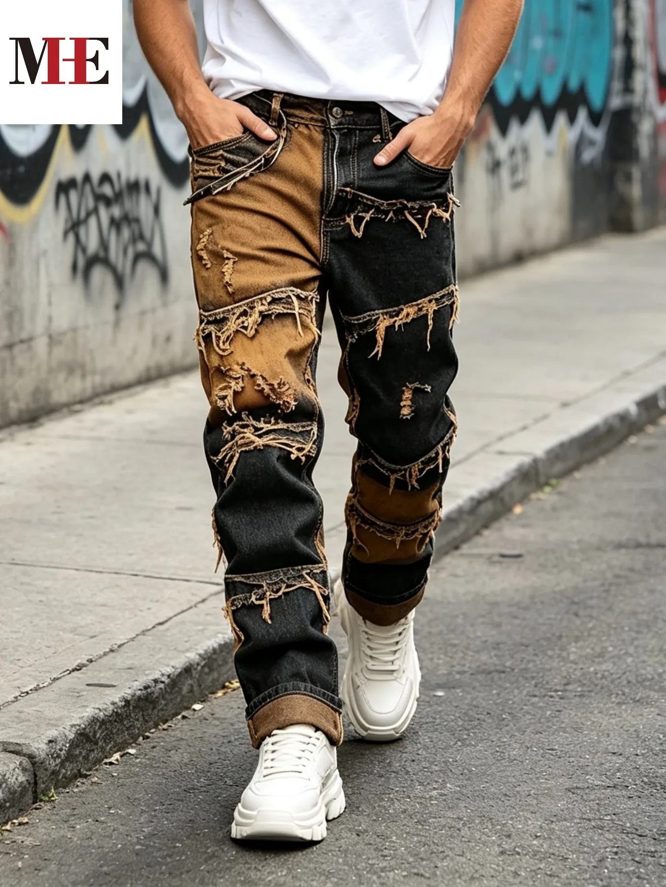 【HME】Men's Jeans | Straight‑Fit Deconstructed Denim Pants, vintage Mud‑Wash Two‑Color Spliced Denim Trousers, Exposed Frayed Tassel Seams, Classic Five‑Pocket Construction, Durable Fabric Fashion Men Casual Pants
