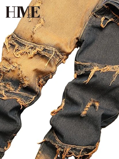 【HME】Men's Jeans | Straight‑Fit Deconstructed Denim Pants, vintage Mud‑Wash Two‑Color Spliced Denim Trousers, Exposed Frayed Tassel Seams, Classic Five‑Pocket Construction, Durable Fabric Fashion Men Casual Pants