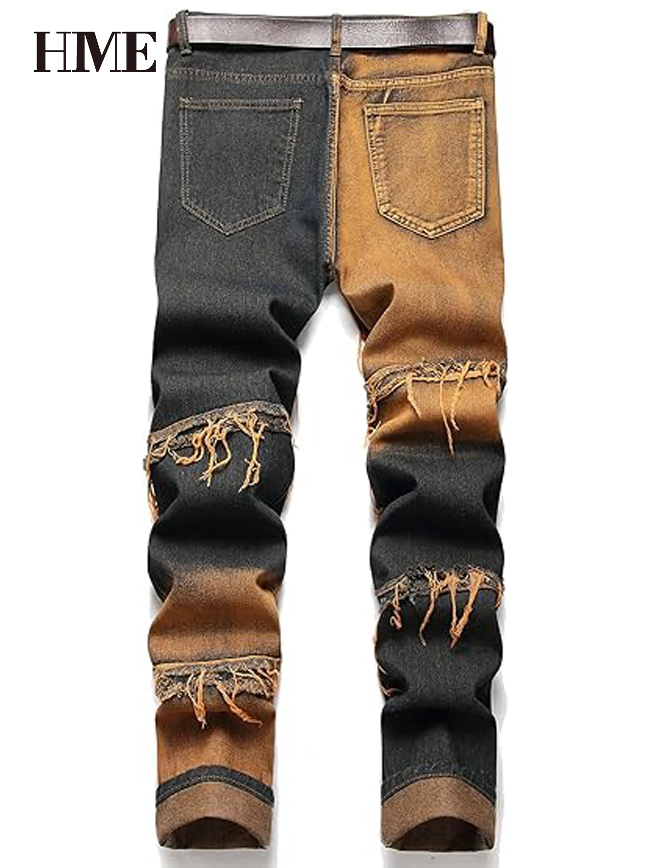 【HME】Men's Jeans | Straight‑Fit Deconstructed Denim Pants, vintage Mud‑Wash Two‑Color Spliced Denim Trousers, Exposed Frayed Tassel Seams, Classic Five‑Pocket Construction, Durable Fabric Fashion Men Casual Pants