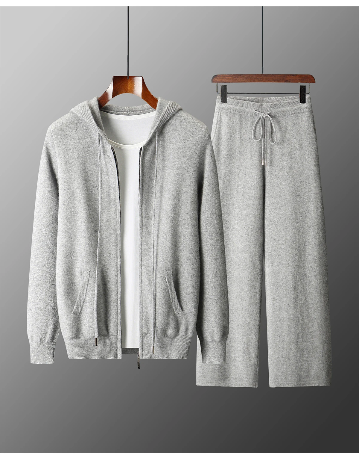 Men's Two-piece Sets 100% Merino Wool Knitting Hooded Collar Cardigan and Wide-leg Pant Autumn Winter Thickened Warm Clothing