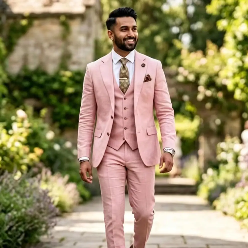 Sage Green Suits for Men Linen Summer Men Suits Set for Groom Prom Party Suit Wedding 3 Pieces Slim Fit Formal Blazer Vest Pants