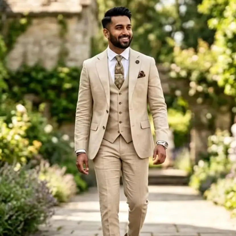Sage Green Suits for Men Linen Summer Men Suits Set for Groom Prom Party Suit Wedding 3 Pieces Slim Fit Formal Blazer Vest Pants