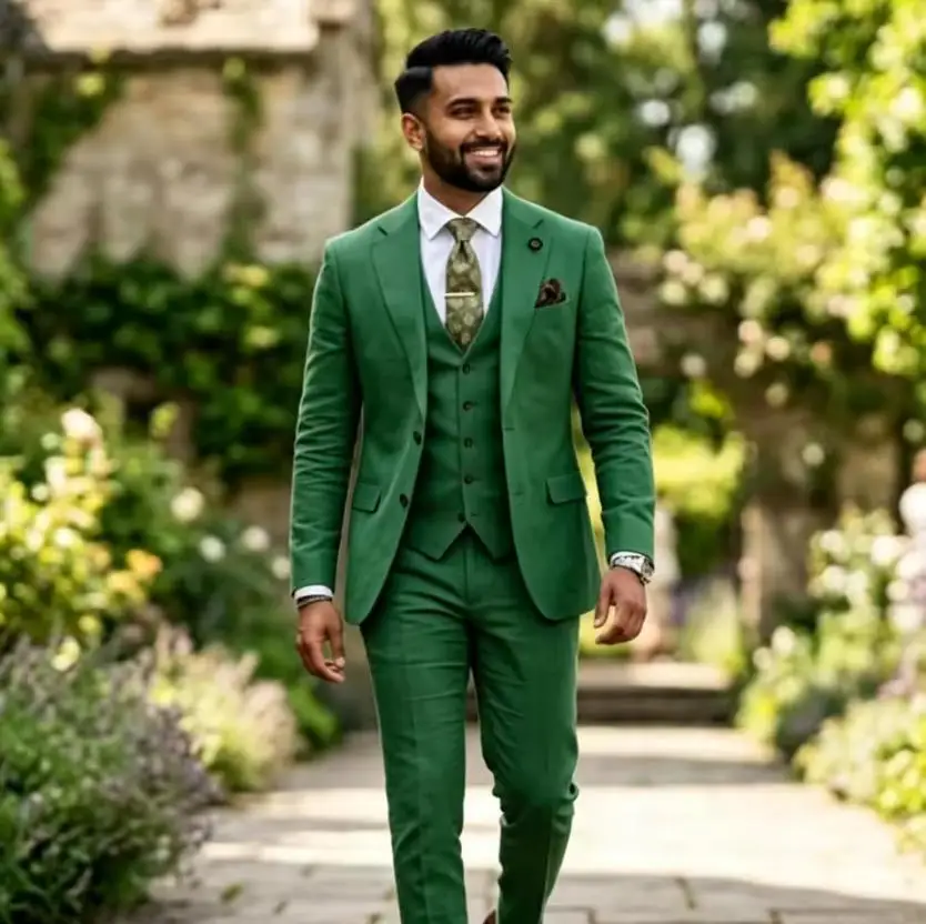 Sage Green Suits for Men Linen Summer Men Suits Set for Groom Prom Party Suit Wedding 3 Pieces Slim Fit Formal Blazer Vest Pants