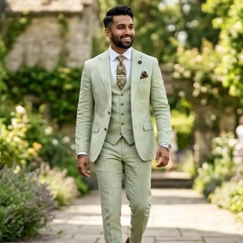 Sage Green Suits for Men Linen Summer Men Suits Set for Groom Prom Party Suit Wedding 3 Pieces Slim Fit Formal Blazer Vest Pants
