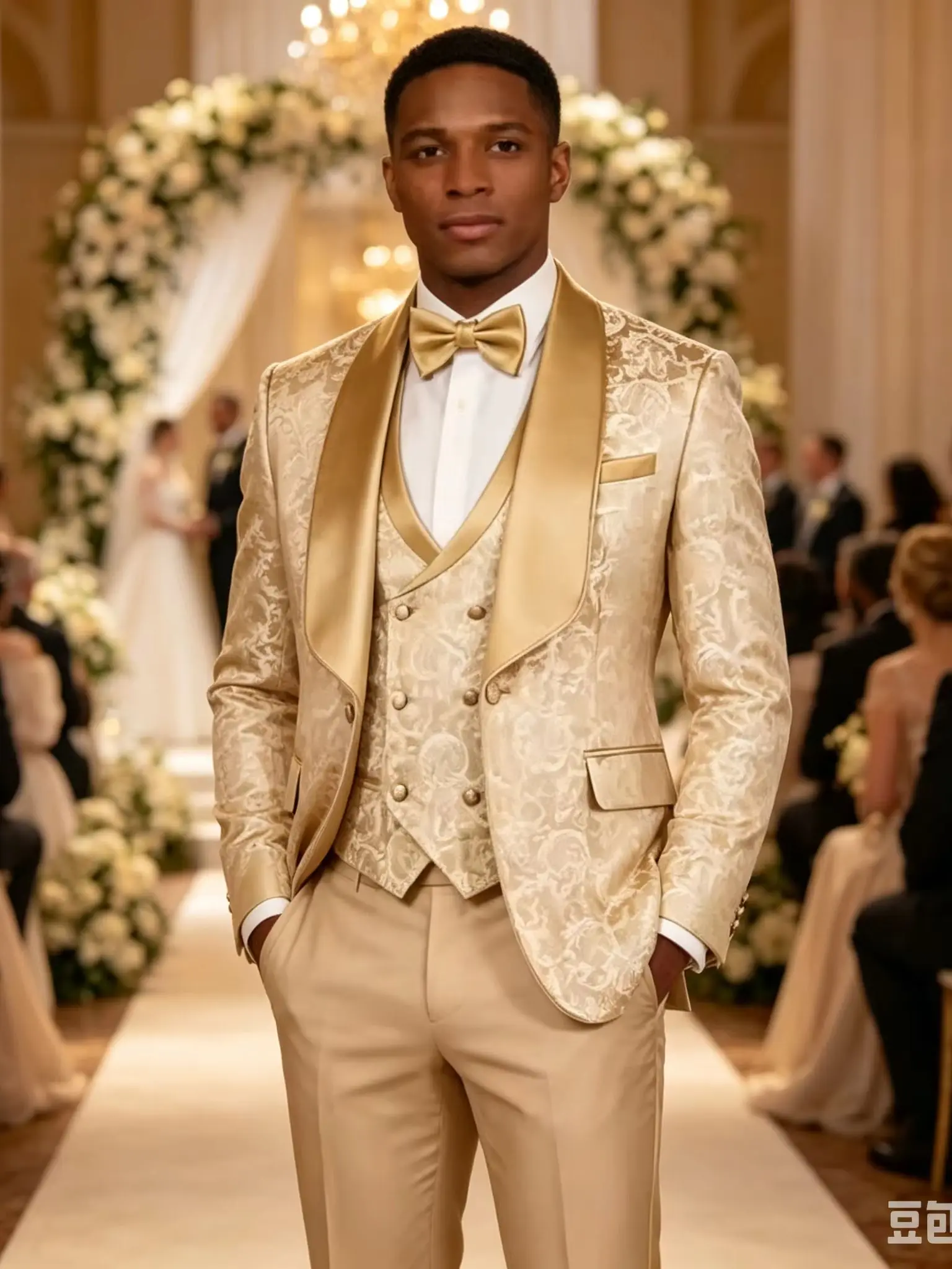 Elegant Champagne Jacquard 3-Piece Men's Tuxedo Formal Business Blazer with Shawl Lapel Wedding Groom Jacket Vest Pants Set