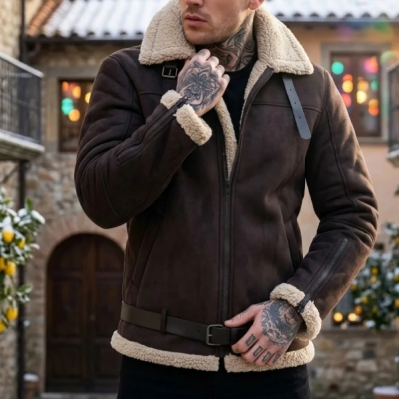 Men’s Winter Thickened Jacket Faux Suede Fleece-Lined Zip-Up Coat Thickened Yet Lightweight Belted Jacket Outdoor Hiking Hunting
