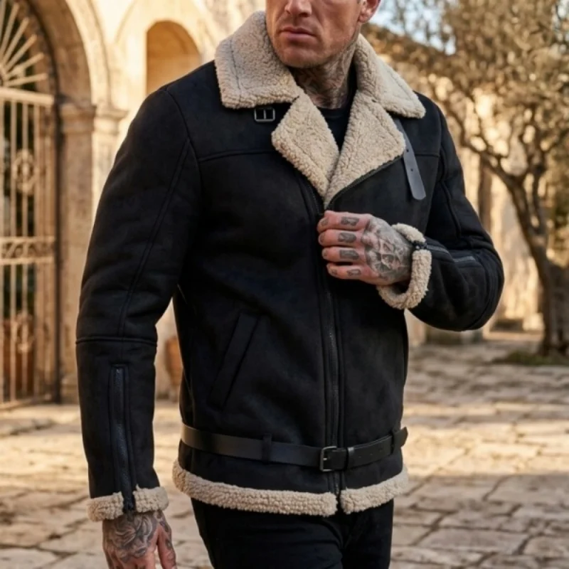 Men’s Winter Thickened Jacket Faux Suede Fleece-Lined Zip-Up Coat Thickened Yet Lightweight Belted Jacket Outdoor Hiking Hunting