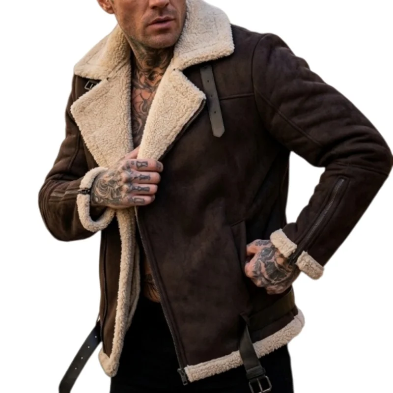 Men’s Winter Thickened Jacket Faux Suede Fleece-Lined Zip-Up Coat Thickened Yet Lightweight Belted Jacket Outdoor Hiking Hunting