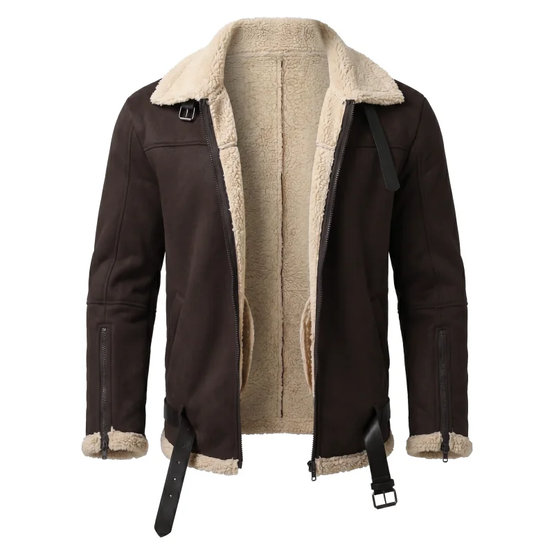 Men’s Winter Thickened Jacket Faux Suede Fleece-Lined Zip-Up Coat Thickened Yet Lightweight Belted Jacket Outdoor Hiking Hunting