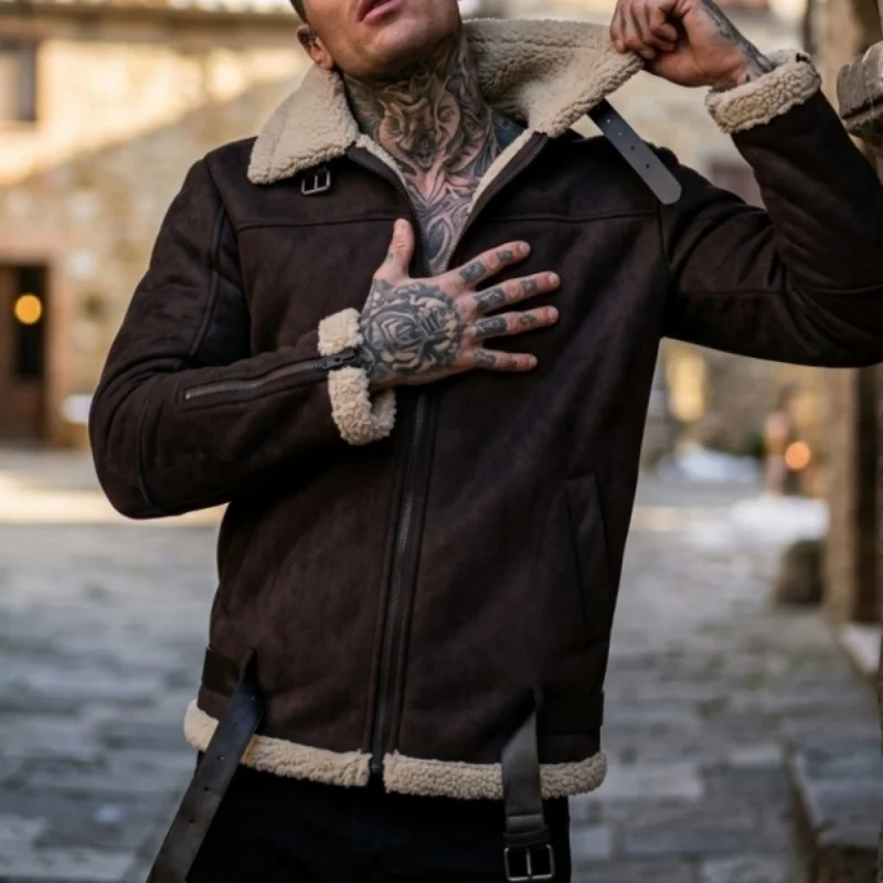 Men’s Winter Thickened Jacket Faux Suede Fleece-Lined Zip-Up Coat Thickened Yet Lightweight Belted Jacket Outdoor Hiking Hunting
