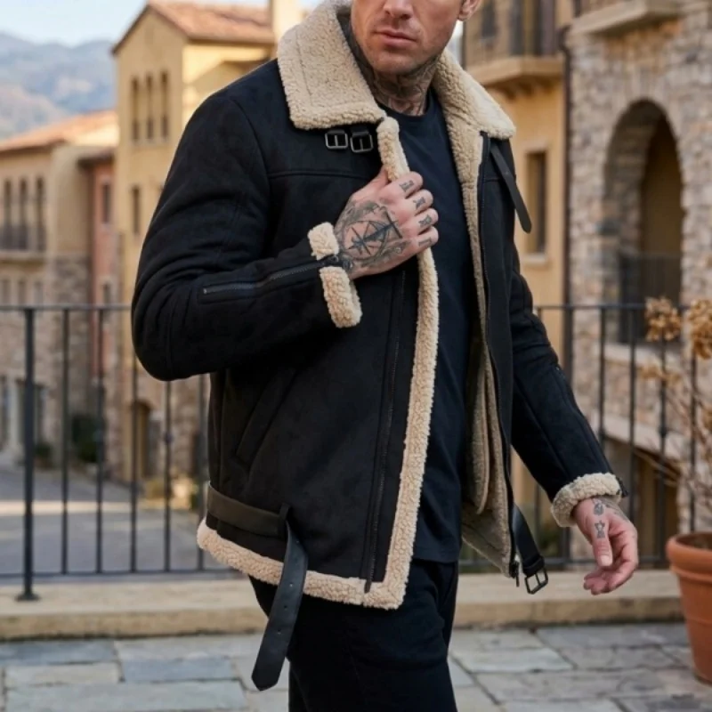 Men’s Winter Thickened Jacket Faux Suede Fleece-Lined Zip-Up Coat Thickened Yet Lightweight Belted Jacket Outdoor Hiking Hunting