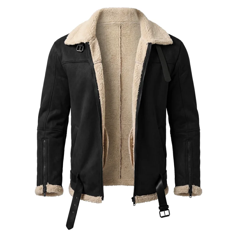 Men’s Winter Thickened Jacket Faux Suede Fleece-Lined Zip-Up Coat Thickened Yet Lightweight Belted Jacket Outdoor Hiking Hunting