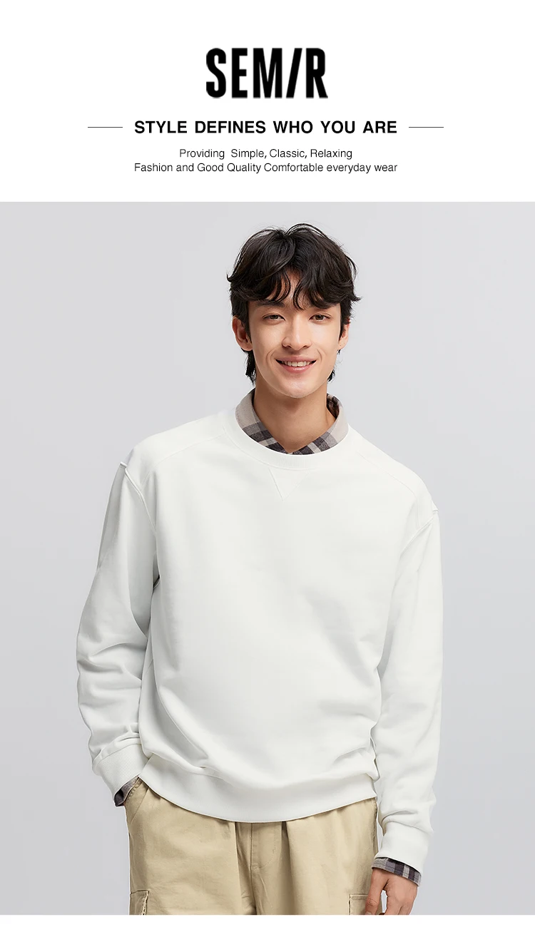 Semir Pullover Men Solid Color Simple Versatile 2025 New Spring Long Sleeve Top Casual Round Neck Top
