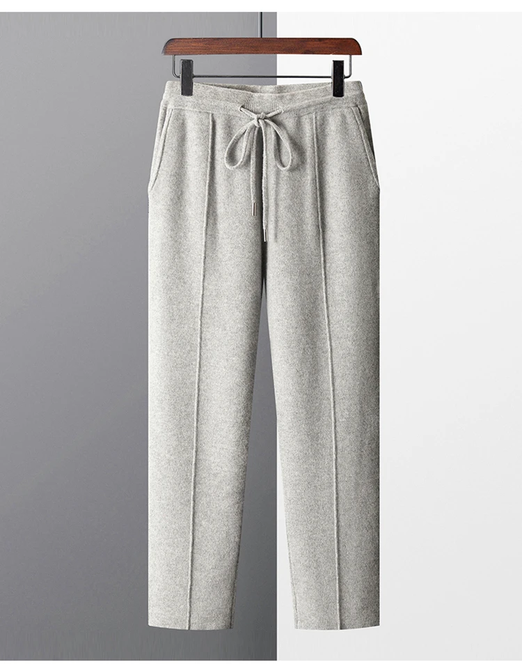 100% Wool Men's Knitted Long Pants Autumn Winter Thickened Slim Fitting Solid Color Warm Flat Corner Pants Leisure